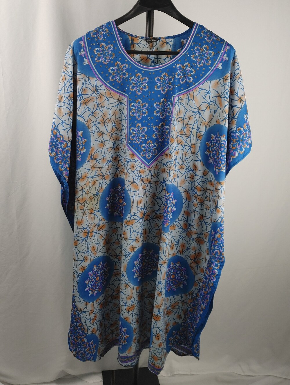 Just Love One Size Blue Floral Medallion Embellished Caftan Dress